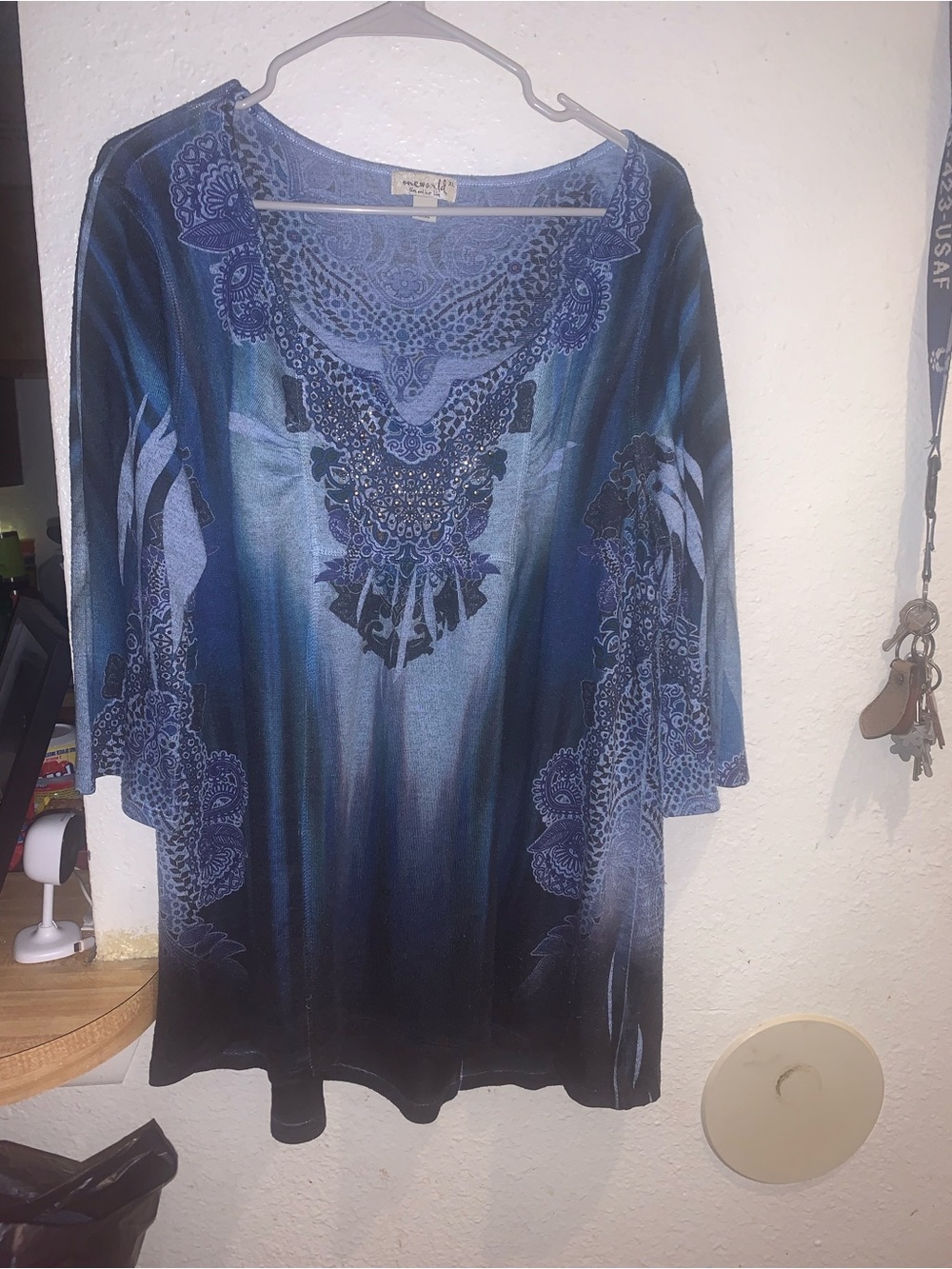 ONE WORLD Blue Printed Womens Tunic Top